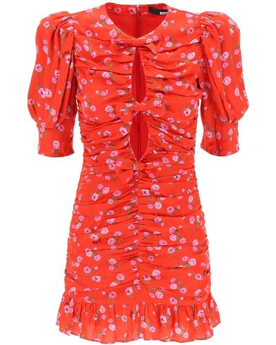 ROTATE BIRGER CHRISTENSEN Roteer Bloemengedrukte Satijnen Mini -jurk Met Ruches - Rood