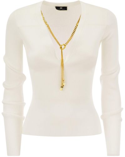 Elisabetta Franchi Long Sleeved Ripped Viskose Top mit Halskette - Weiß