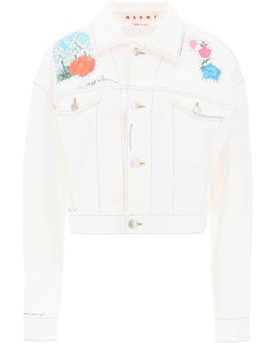 Marni "Veste en jean recadrée avec plaques de fleurs et broderie" - Blanc