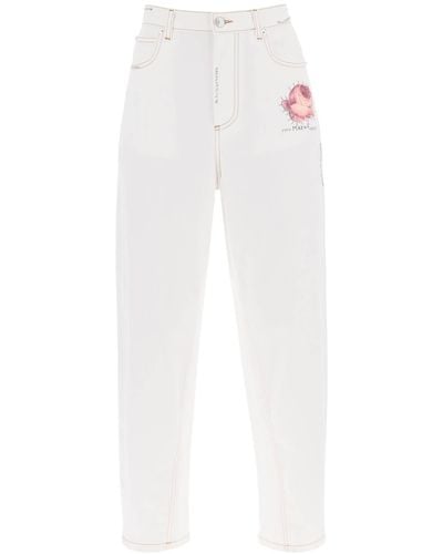 Marni "Jeans con logotipo bordado y parche de flores - Blanco