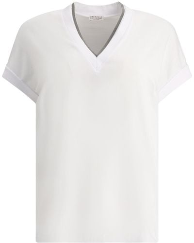 Brunello Cucinelli Glänzender Kragen Geripptes T -shirt - Wit