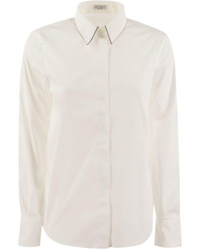 Brunello Cucinelli Stretch -Popel -Hemd aus Baumwolle mit glänzendem Trimm - Weiß
