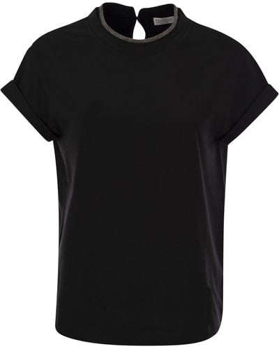 Brunello Cucinelli Stretch Cotton Jersey T -shirt Met Kostbare Faux Gelaagdheid - Zwart