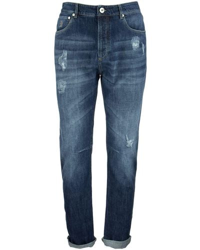 Brunello Cucinelli Cinque pantaloni per il tempo libero tascabile in vecchia denim con strappi - Blu