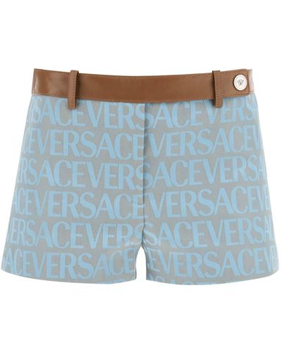 Versace Shorts Monogram Con Profilo In Pelle - Blu