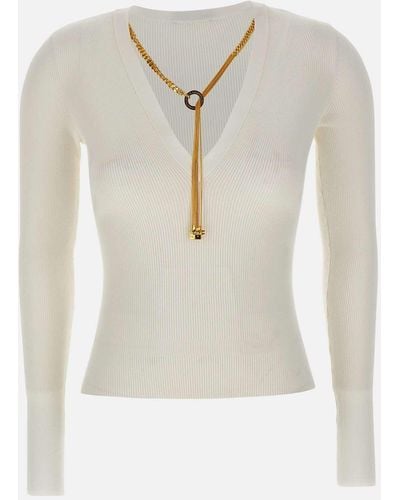Elisabetta Franchi White Ribbed Events Pullover mit goldener Halskette - Weiß