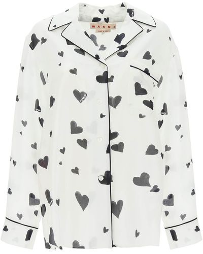 Marni Pyjama-Hemd aus Seide mit "Bunch Of Hearts"-Print - Weiß