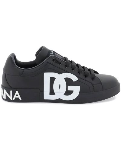 Dolce & Gabbana Leather Portofino Sneakers Met Dg -logo - Zwart