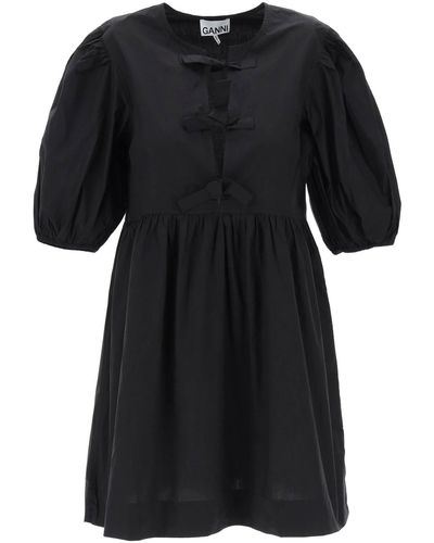 Ganni Mini Poplin -jurk Met Ballonmouwen - Zwart