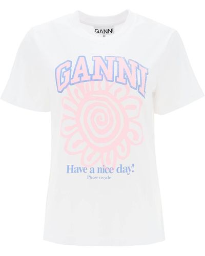 Ganni Crew Neck T -Shirt mit Druck - Pink