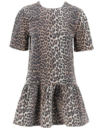 Ganni Leopard Print Denim Mini Dress - Zwart