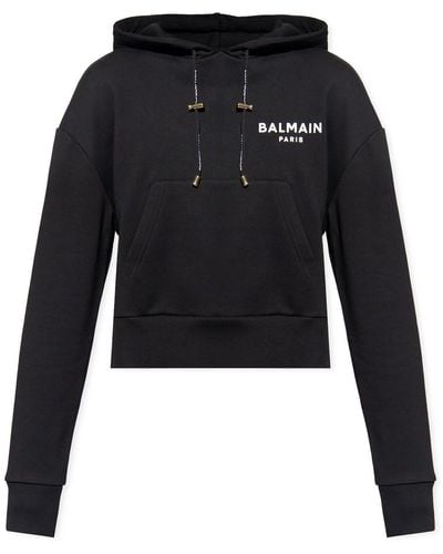 Balmain Cropped Sweatshirt Mit Flockigem Logo -druck - Zwart
