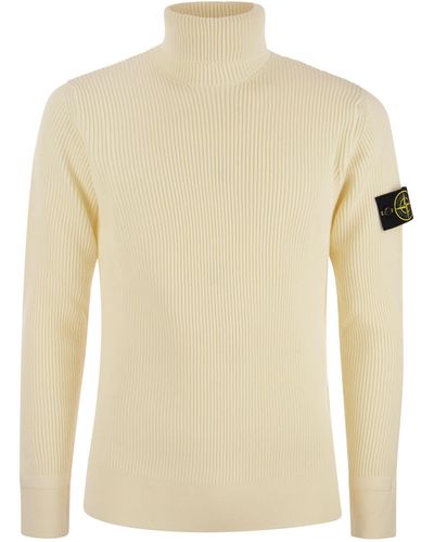 Stone Island Ribbed Turtleneck Sweater In Wool - Natural