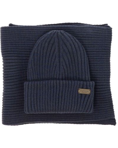 Barbour "crimdon" Scarf And Beanie Ribbed Set - Blue