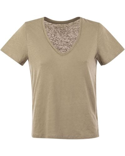Majestic Linen V Neck T Shirt With Short Sleeves - Natural
