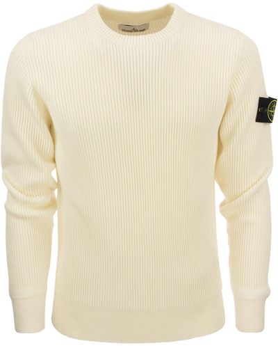 Stone Island Ribbed Sweater In Virgin Wool - Natural