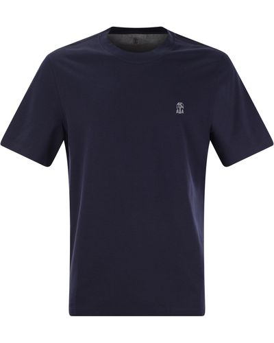 Brunello Cucinelli Slim Fit Crew Neck T -Shirt in Wattestäbejersey mit Logo - Blau