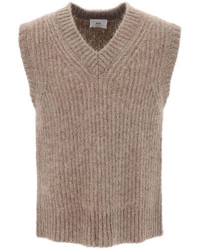 Ami Paris Ribbed Alpaca Sweater Vest - Brown