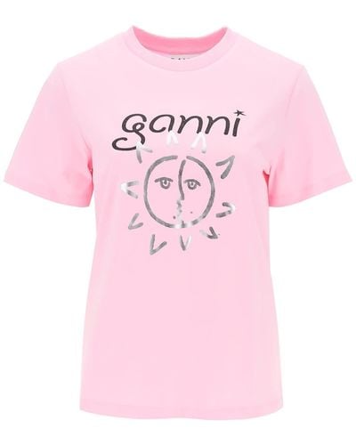 Ganni Crew Neck T -shirt Met Afdrukken - Roze