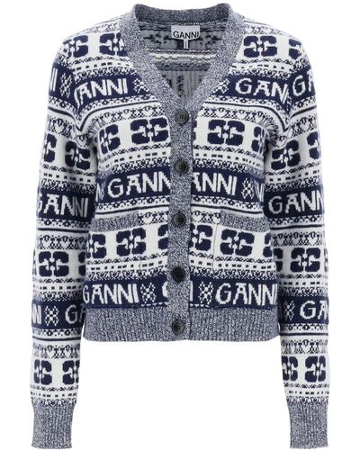 Ganni Jacquard Wool Cardigan mit Logo -Muster - Grau