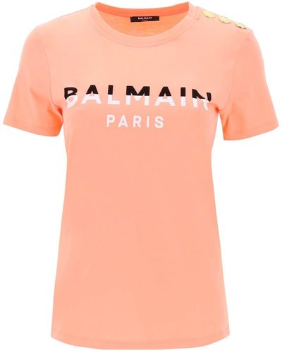 Balmain T -shirt Met Ingekloten Afdrukken En Gold Tone -knoppen - Roze