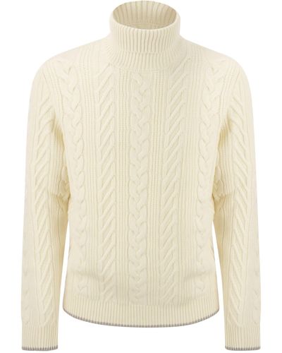 Peserico Wool e Cashmere Cable Knit Turtleneck Swater - Bianco