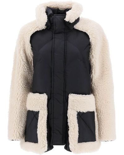 Sacai Convertible Jas In Ripstop En Faux Shearling - Zwart