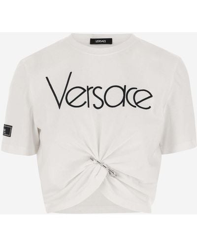 Versace Cotton Crop T Shirt With Logo - White