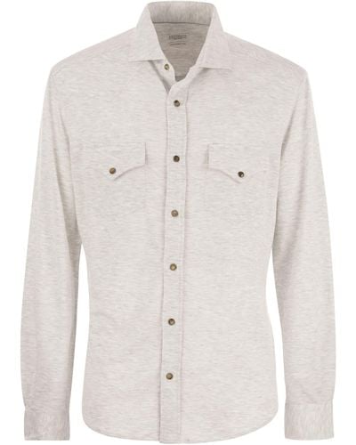 Brunello Cucinelli Leinen und Baumwollmischung Freizeit -Fit -Hemd mit Pressebutter und Taschen - Weiß