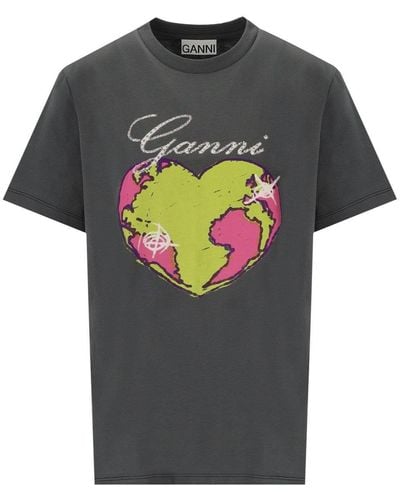 Ganni Heart Organic Cotton-Jersey T-Shirt - Gray