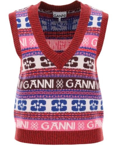 Ganni Gilet en laine Jacquard avec motif de logo - Multicolore