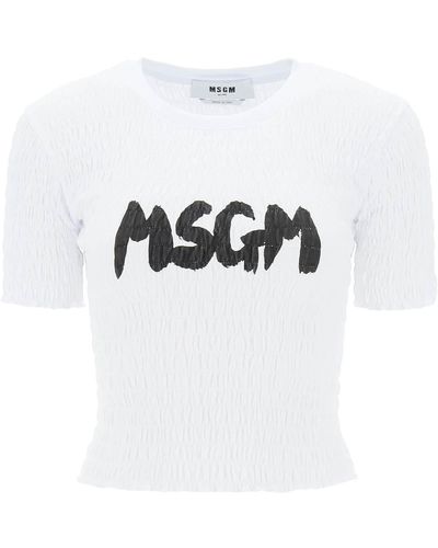 MSGM Smocked T -shirt Mit Logodruck - Wit