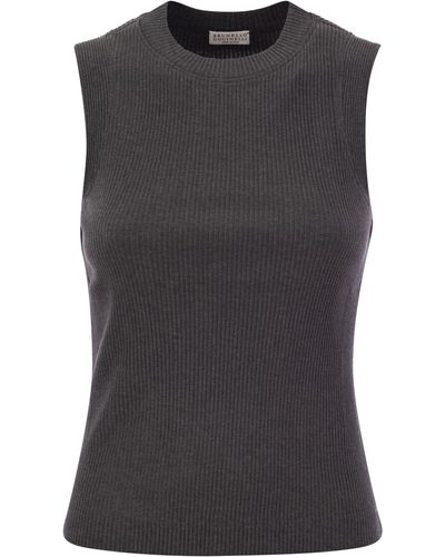 Brunello Cucinelli Ribbed Cotton Jersey Top With Monile - Black