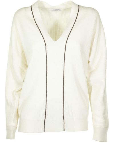 Brunello Cucinelli Stripe-detail V-neck Sweater - White