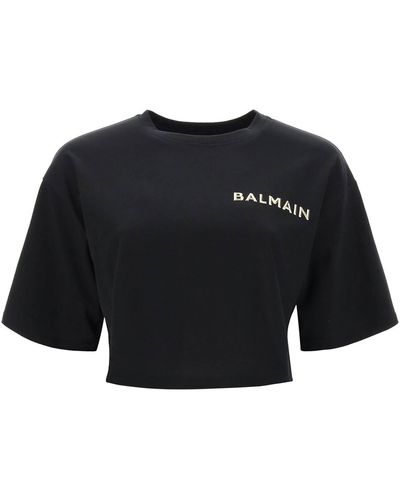 Balmain Cropped T -Shirt mit metallischem Logo - Schwarz