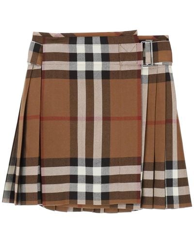 Burberry exaggerated Check Pleated Wool Mini Skirt - Brown