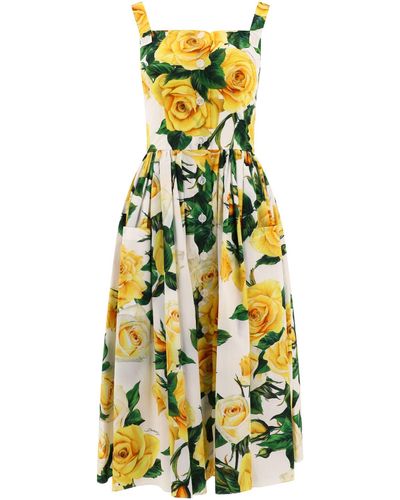 Dolce & Gabbana Rose Print Midi -jurk - Geel