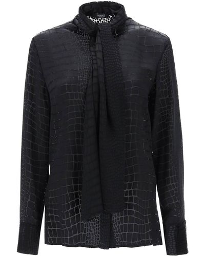 Versace Crocodile Effect Tie Nek Shirt - Zwart