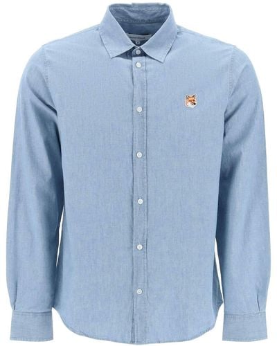 Maison Kitsuné "fox Head Cotton Chambray Shirt" - Blauw
