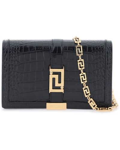 Versace Croco-embossed Leather Greca Goddes Crossbody Bag - Black