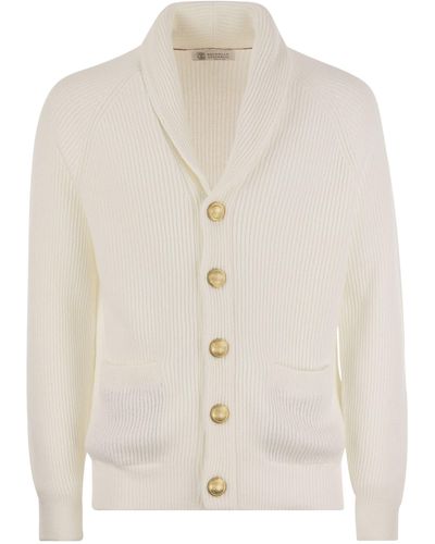 Brunello Cucinelli Cardigan a costola di cotone puro con fissaggio di metallo - Bianco