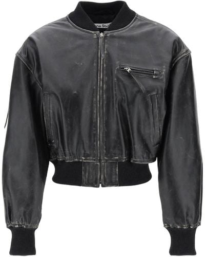 Acne Studios Aged Leather Bomber Jacket With Distressed Treatment - Black
