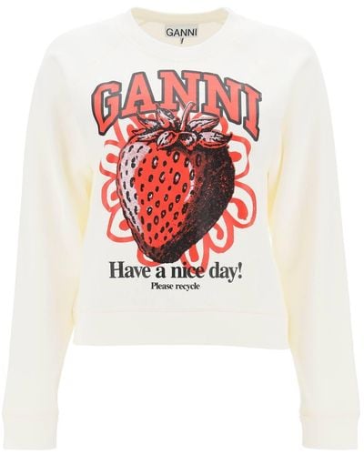 Ganni Crew Neck Sweatshirt mit Grafikdruck - Weiß
