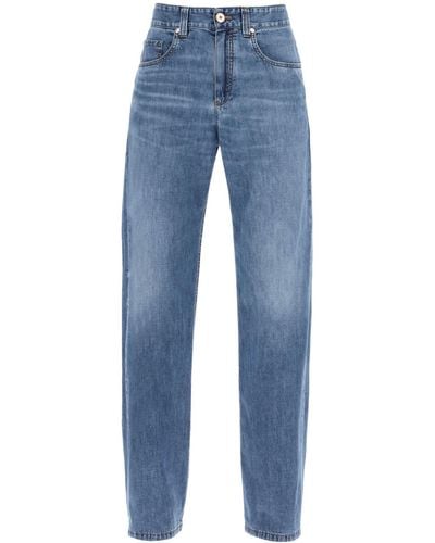 Brunello Cucinelli Jeans de mezclilla de algodón suelto en nueve palabras - Azul