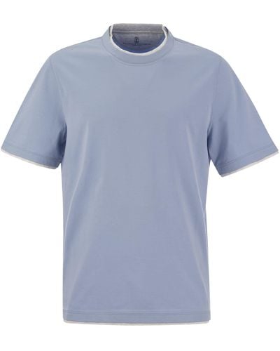 Brunello Cucinelli Slim Fit Crew Teck Camiseta en camiseta de algodón ligero - Azul