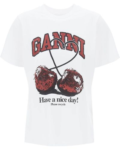 Ganni Cherry Print T -shirt Met - Wit