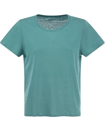 Majestic Crew Neck T Shirt In Linen And Short Sleeve - Green