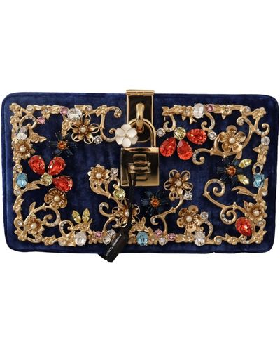 Dolce & Gabbana Blaue Samt-Kristall-Abend-Party-Handtasche BOX