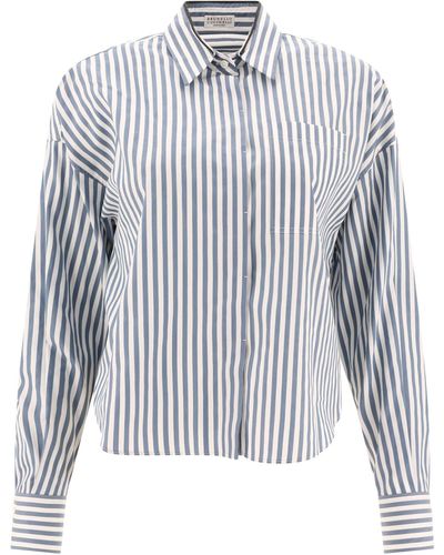 Brunello Cucinelli Gestreept Shirt Met Glanzende Kraag - Blauw