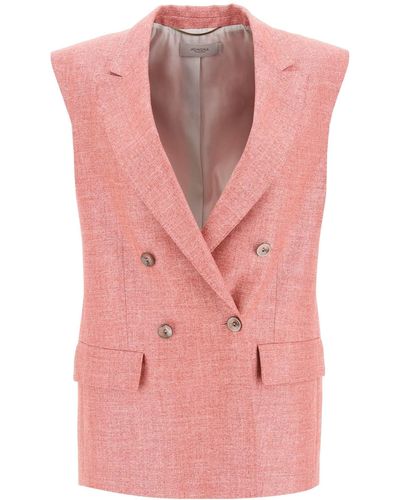Agnona Double-breasted Vest In Silk, Linen And Wool - Pink